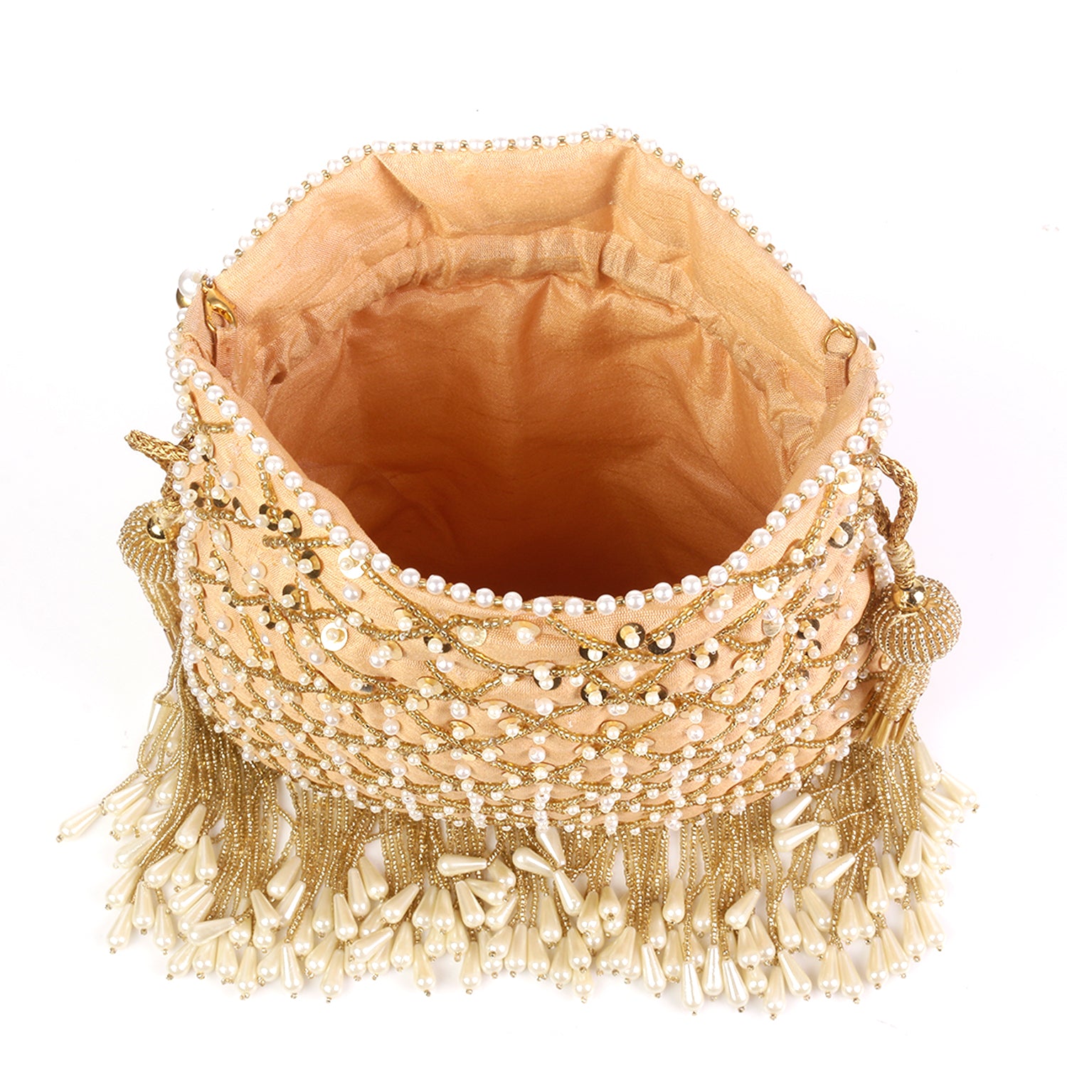 Golden Designer With Fringes Style Potli For Wedding And Party