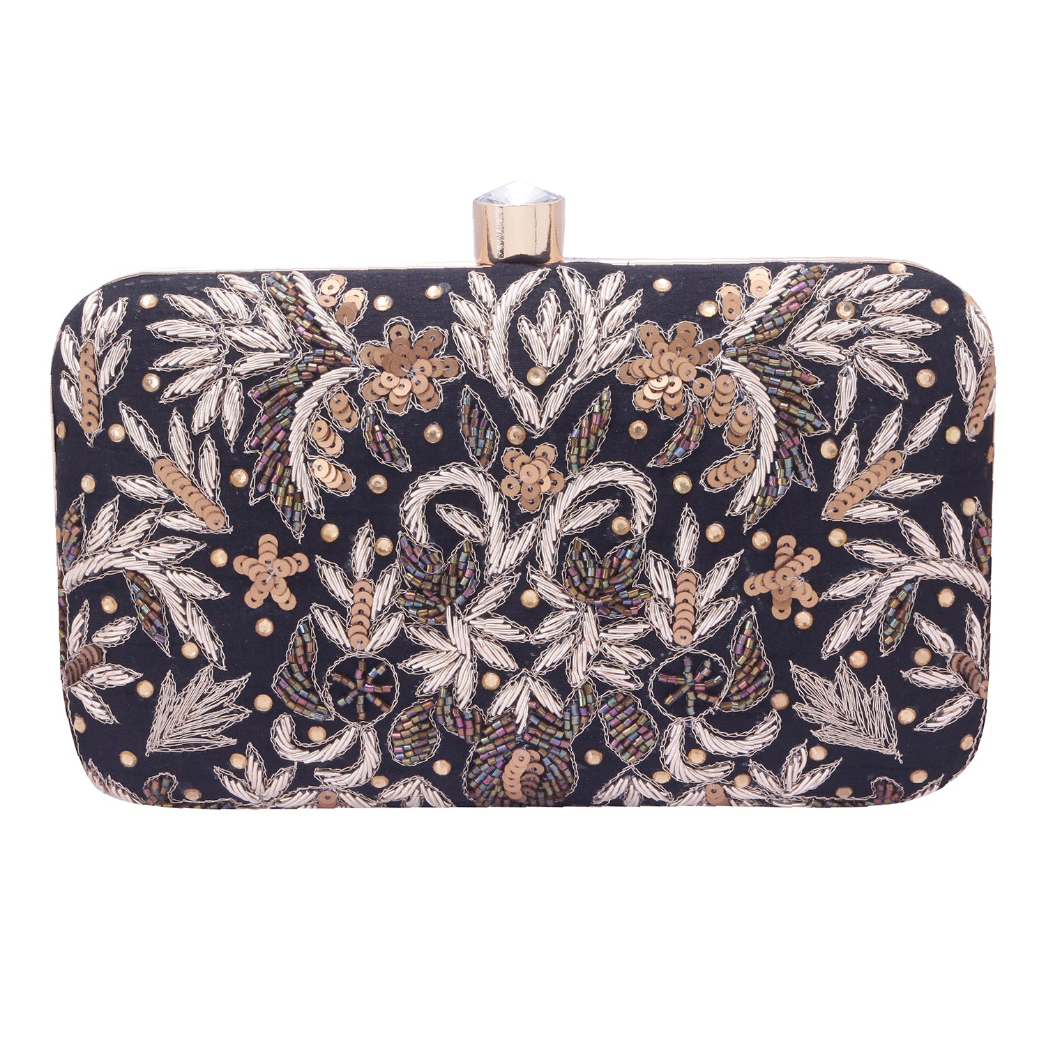 black embroidered clutch