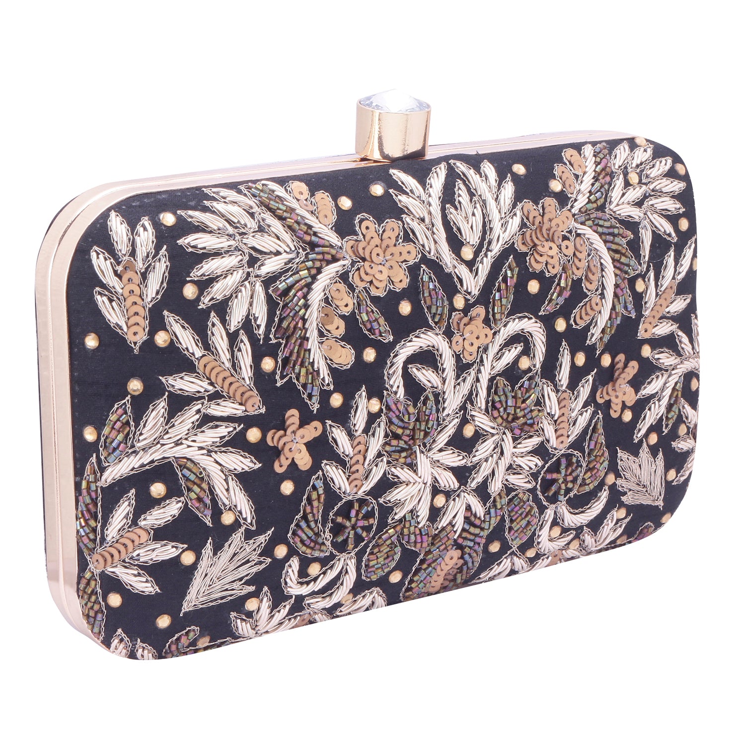 black embroidered clutch