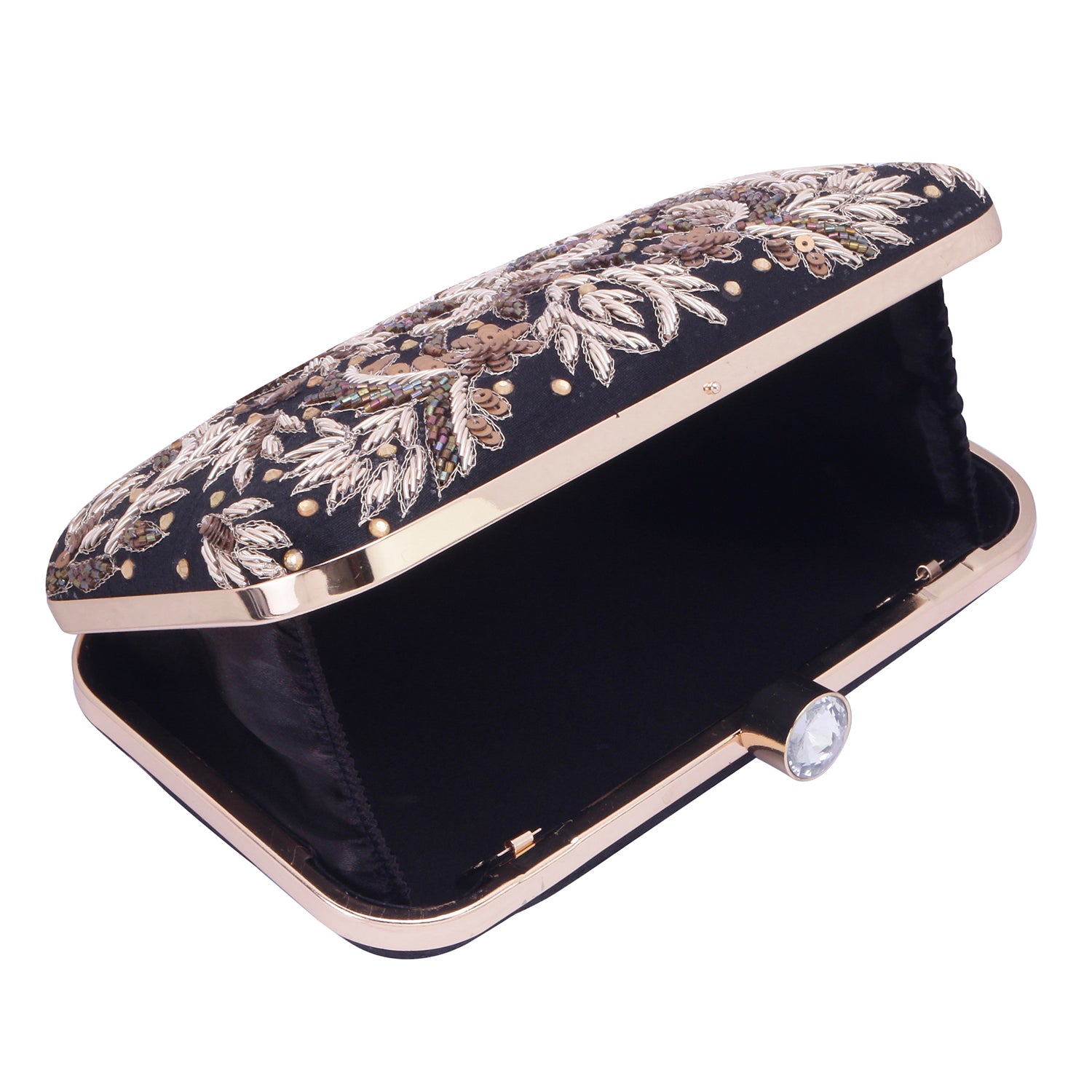 black embroidered clutch