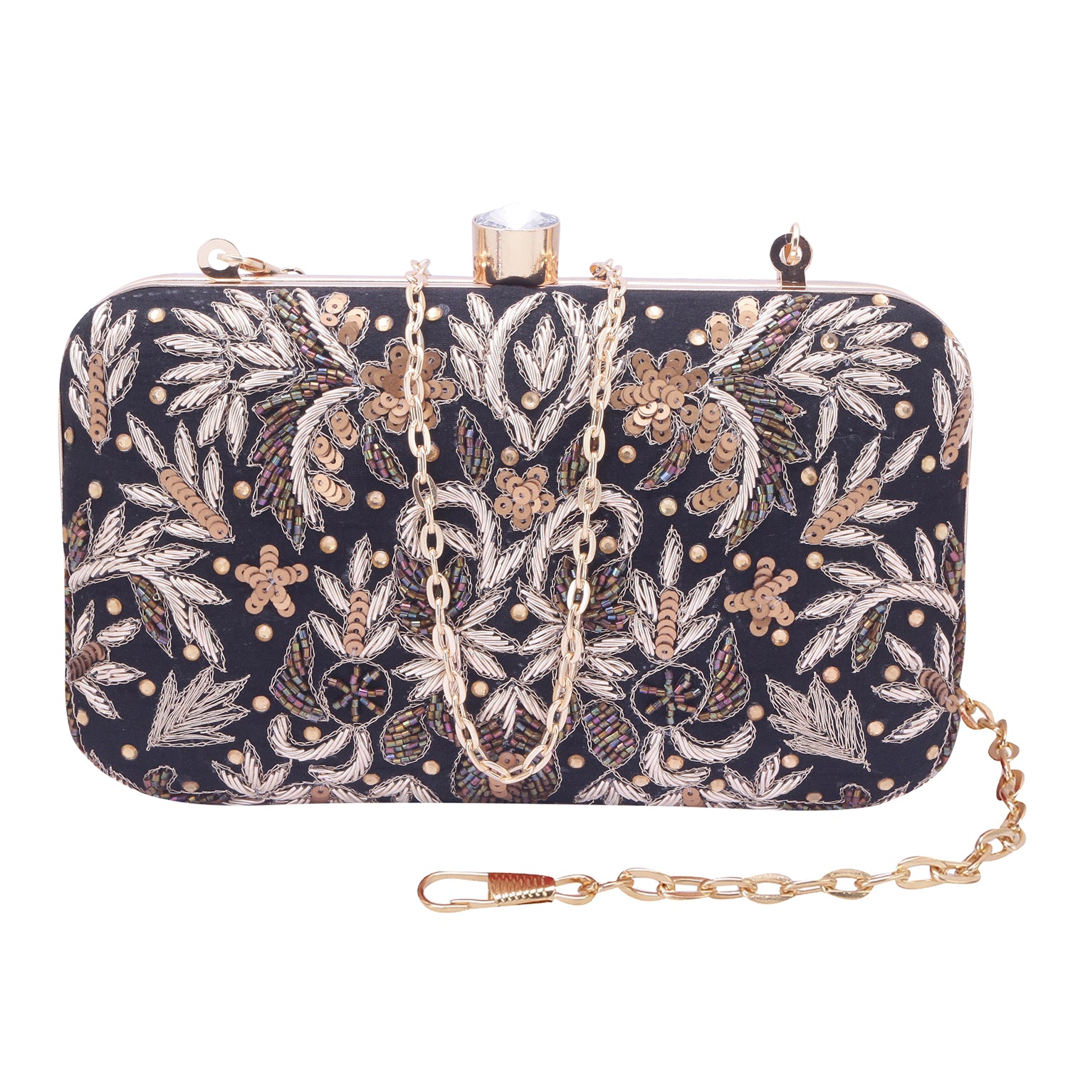 black embroidered clutch