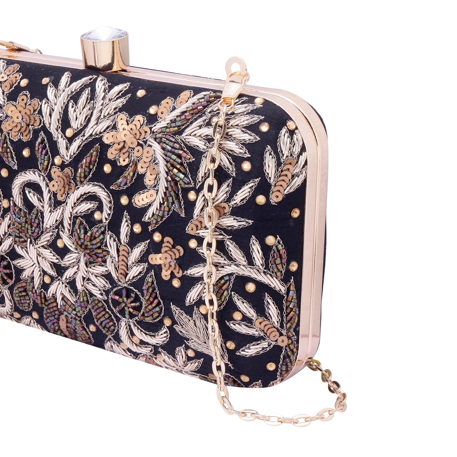 black embroidered clutch