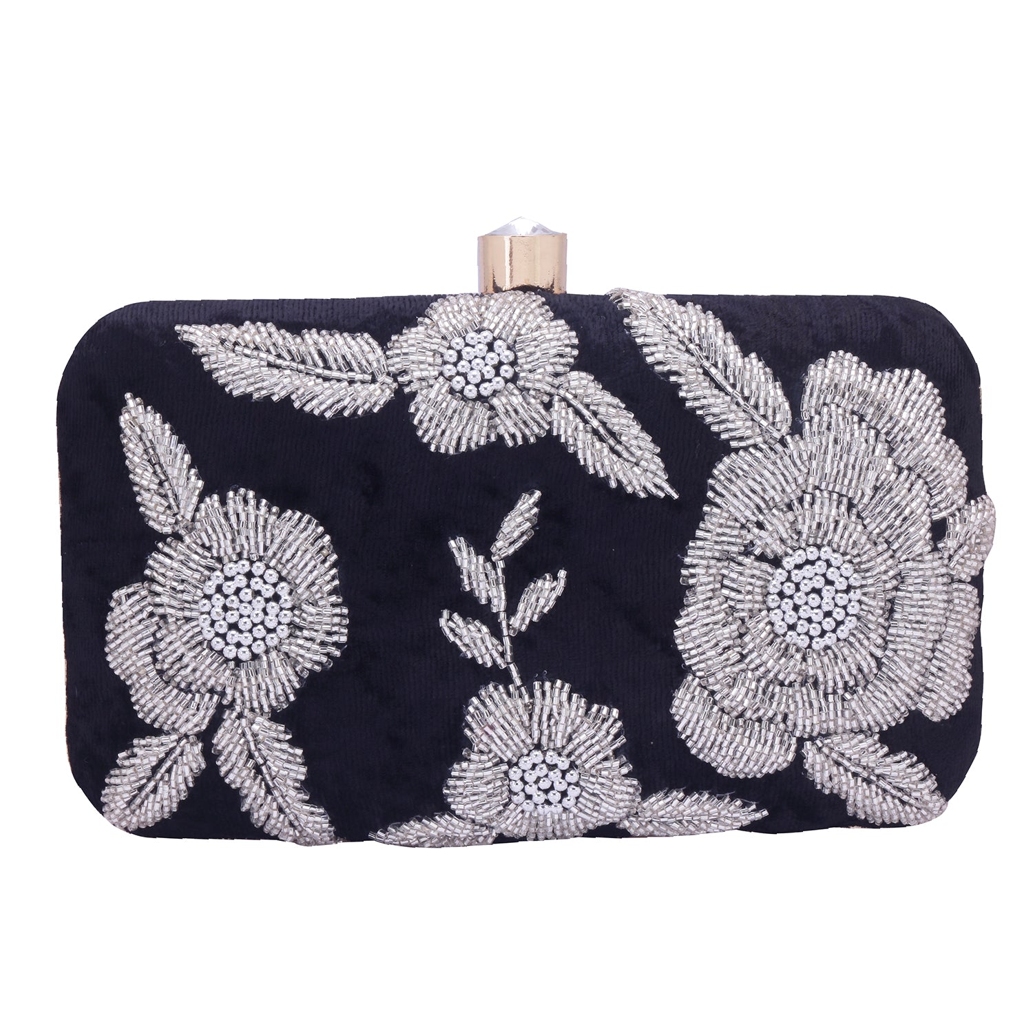 Silver embroidered black clutch