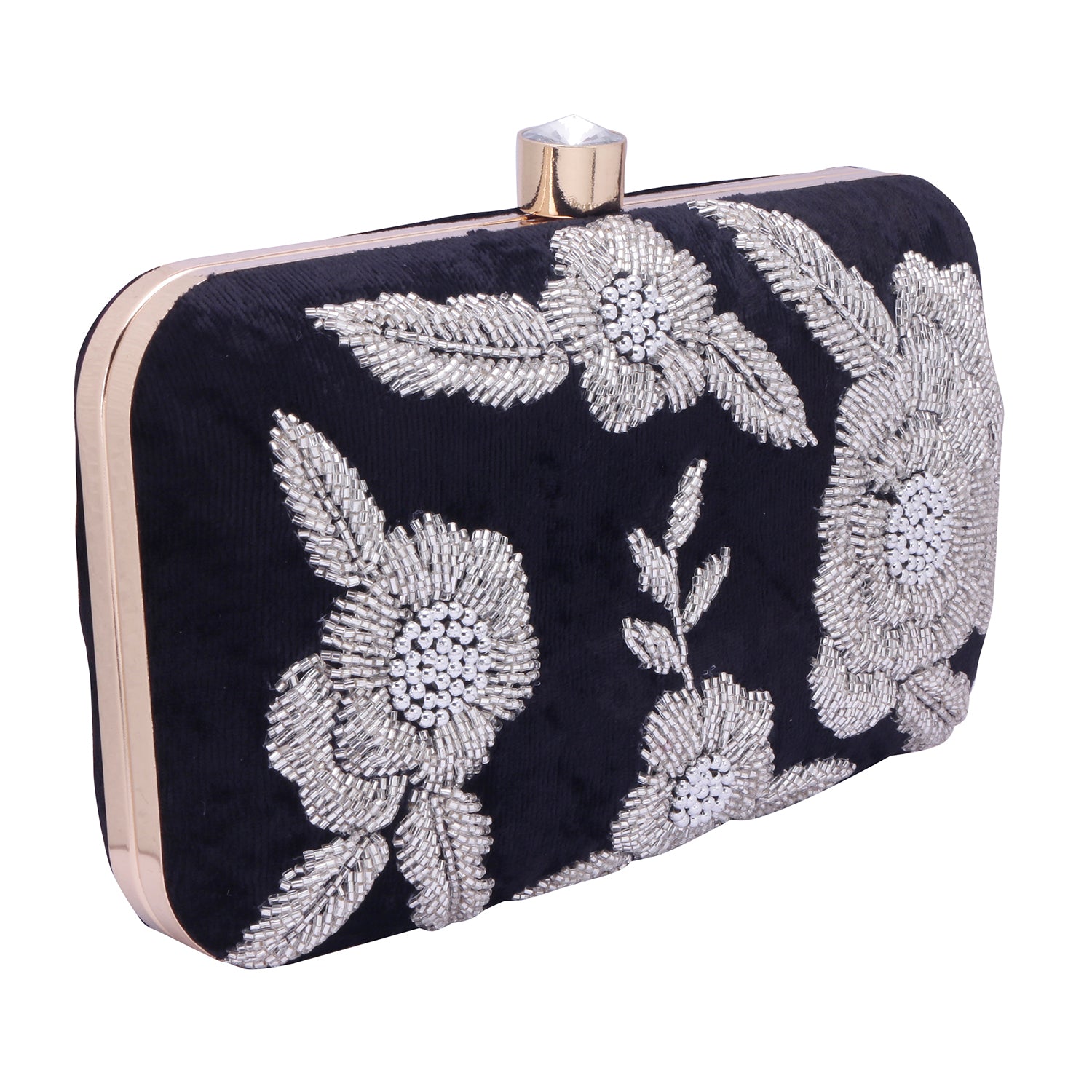 Silver embroidered black clutch