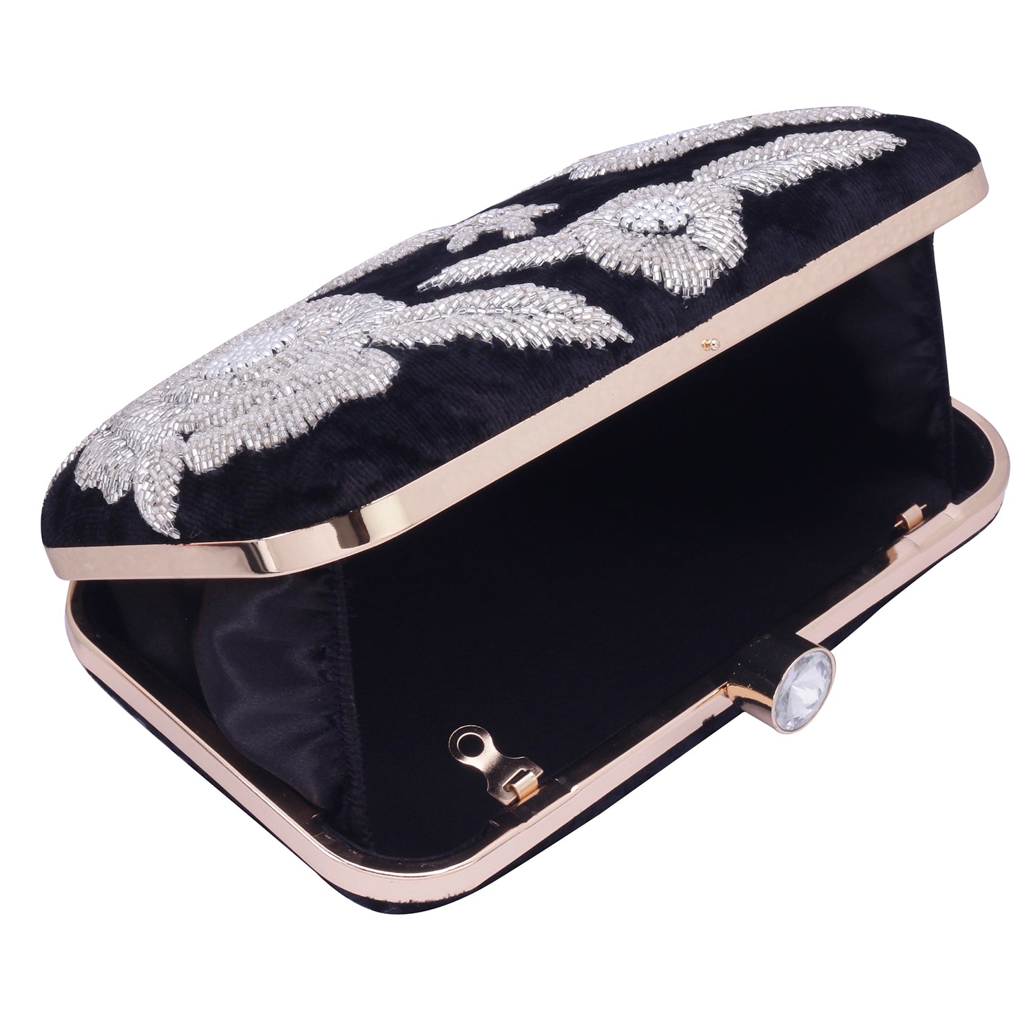 Silver embroidered black clutch