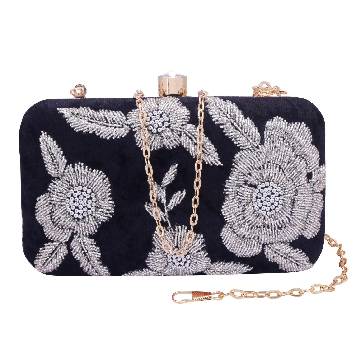 Silver embroidered black clutch