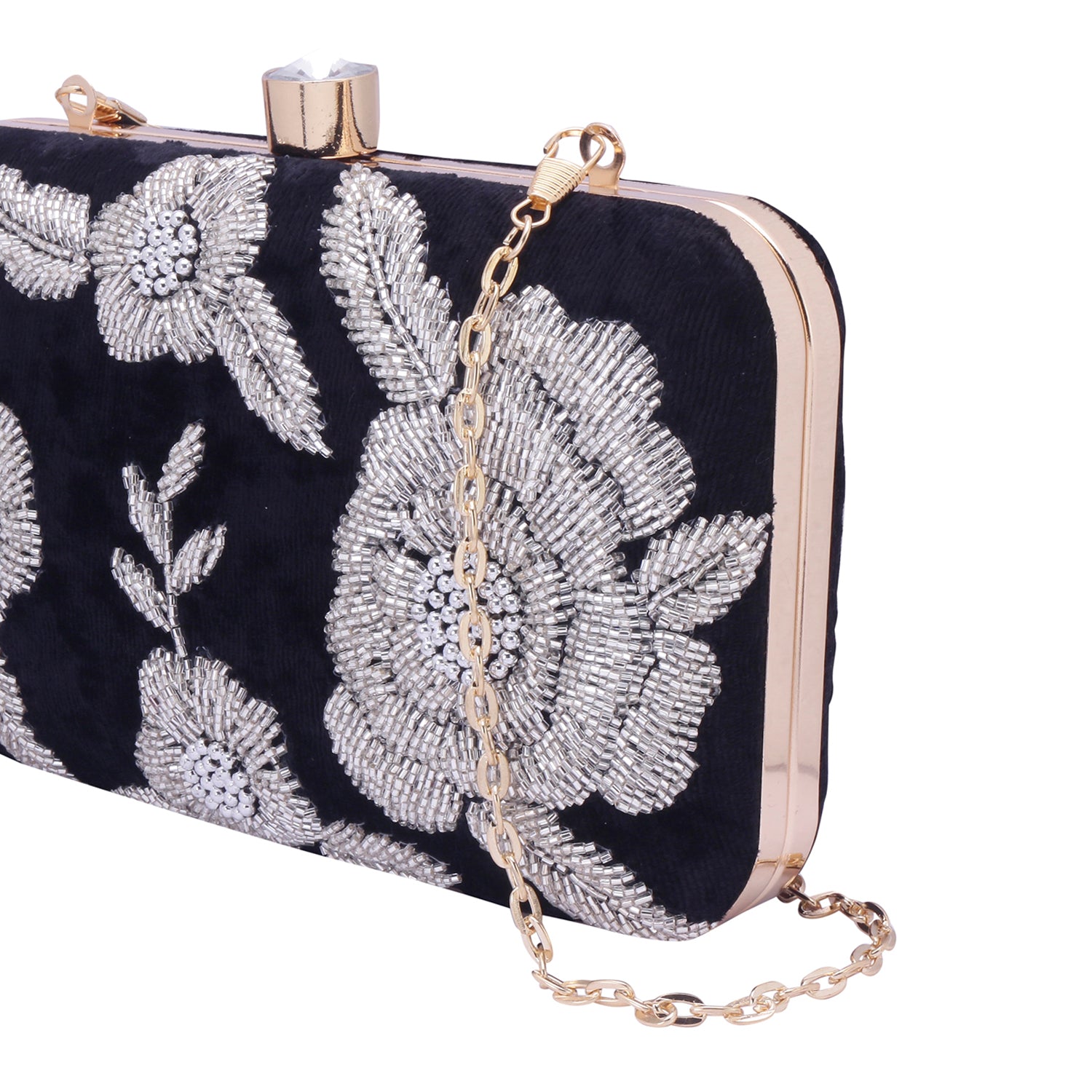 Silver embroidered black clutch