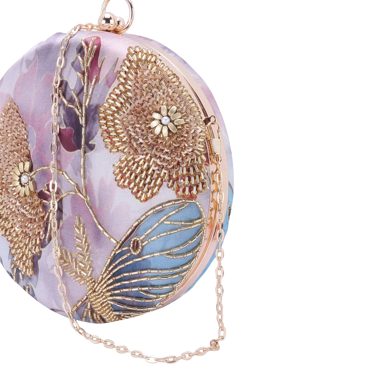 unique printed embroidered round clutch