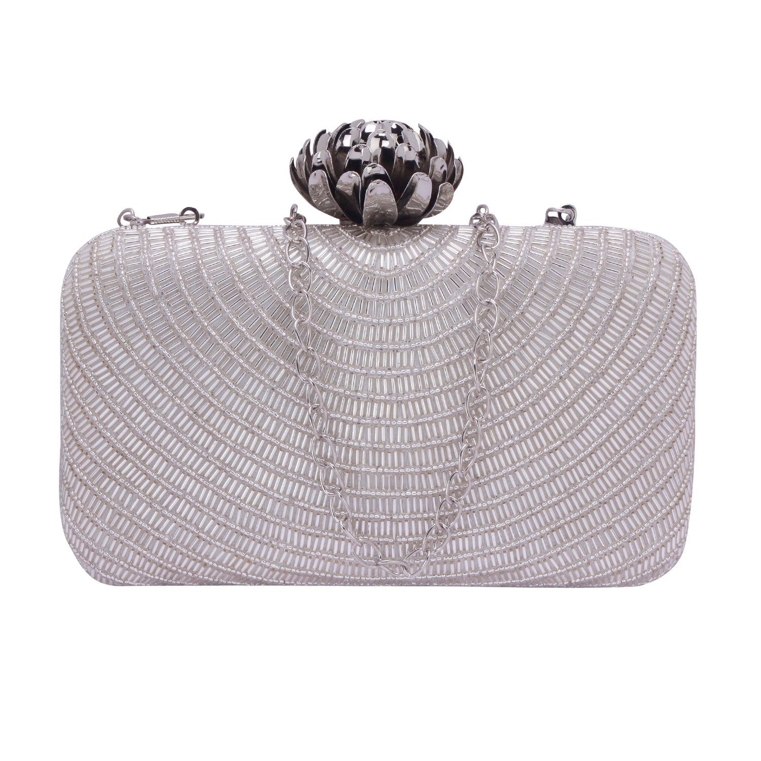 silver embroidered clutch