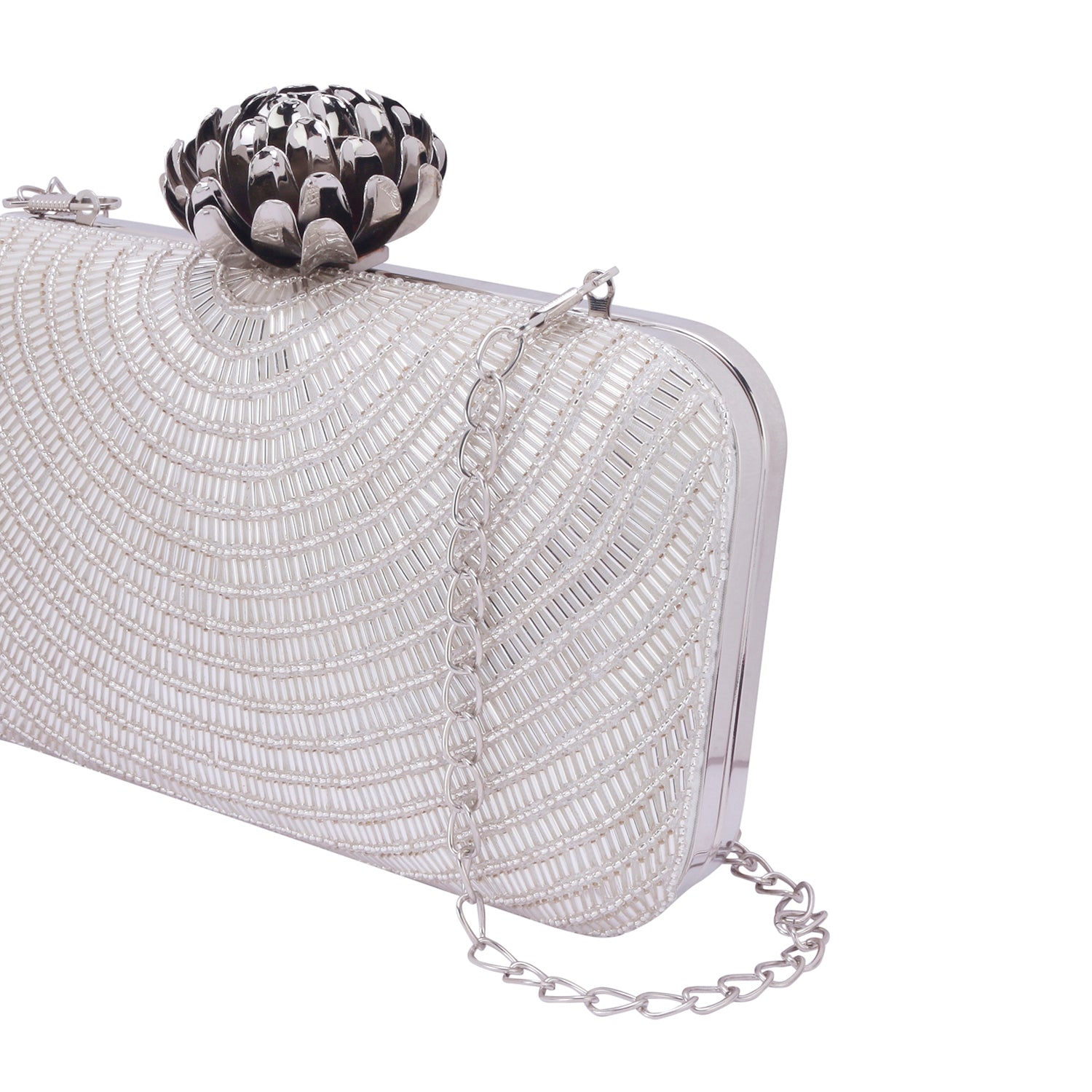 silver embroidered clutch