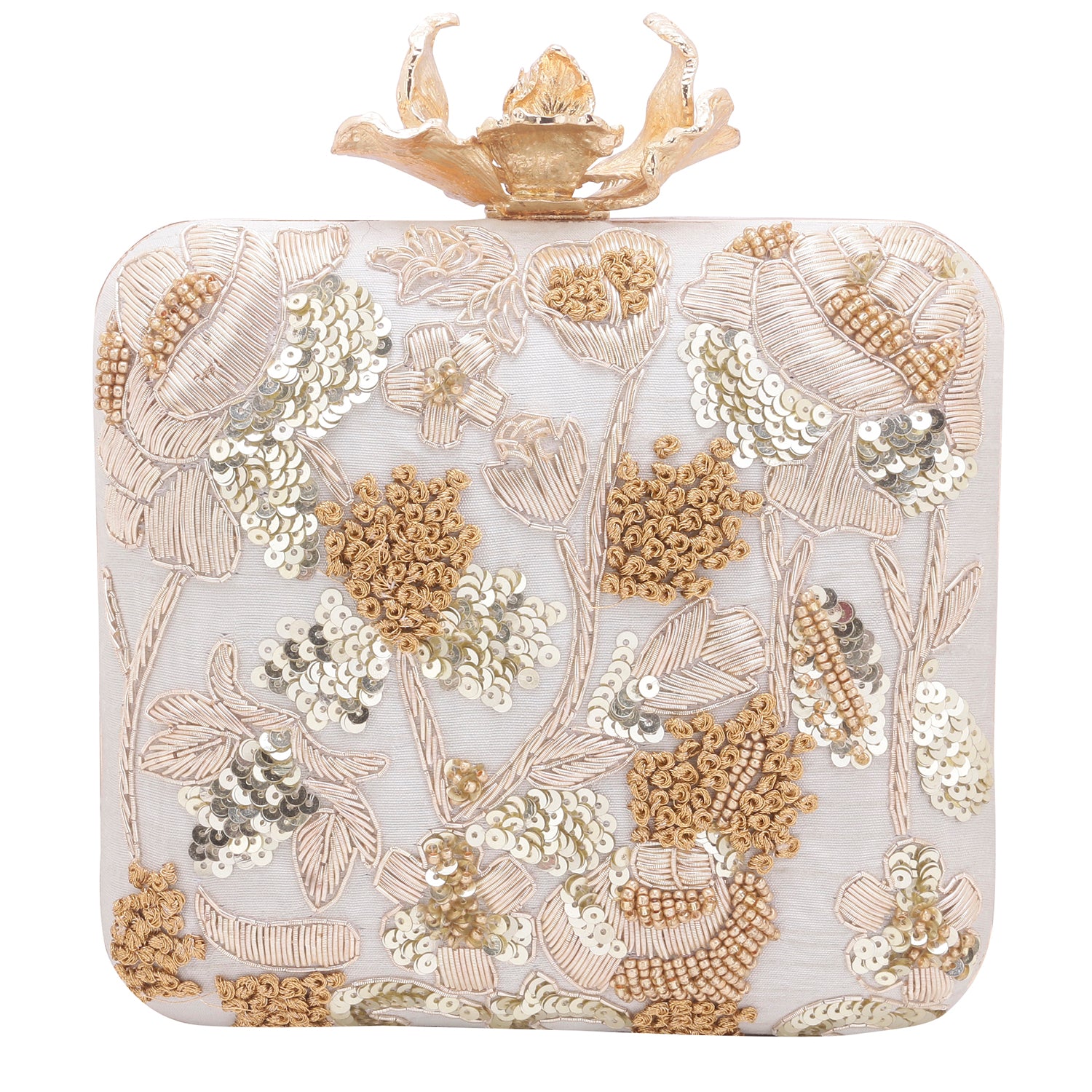 beige floral embroidered square clutch