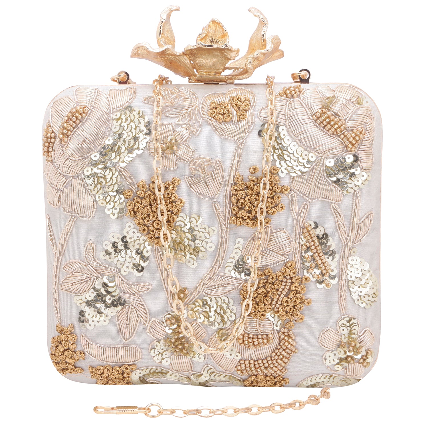 beige floral embroidered square clutch