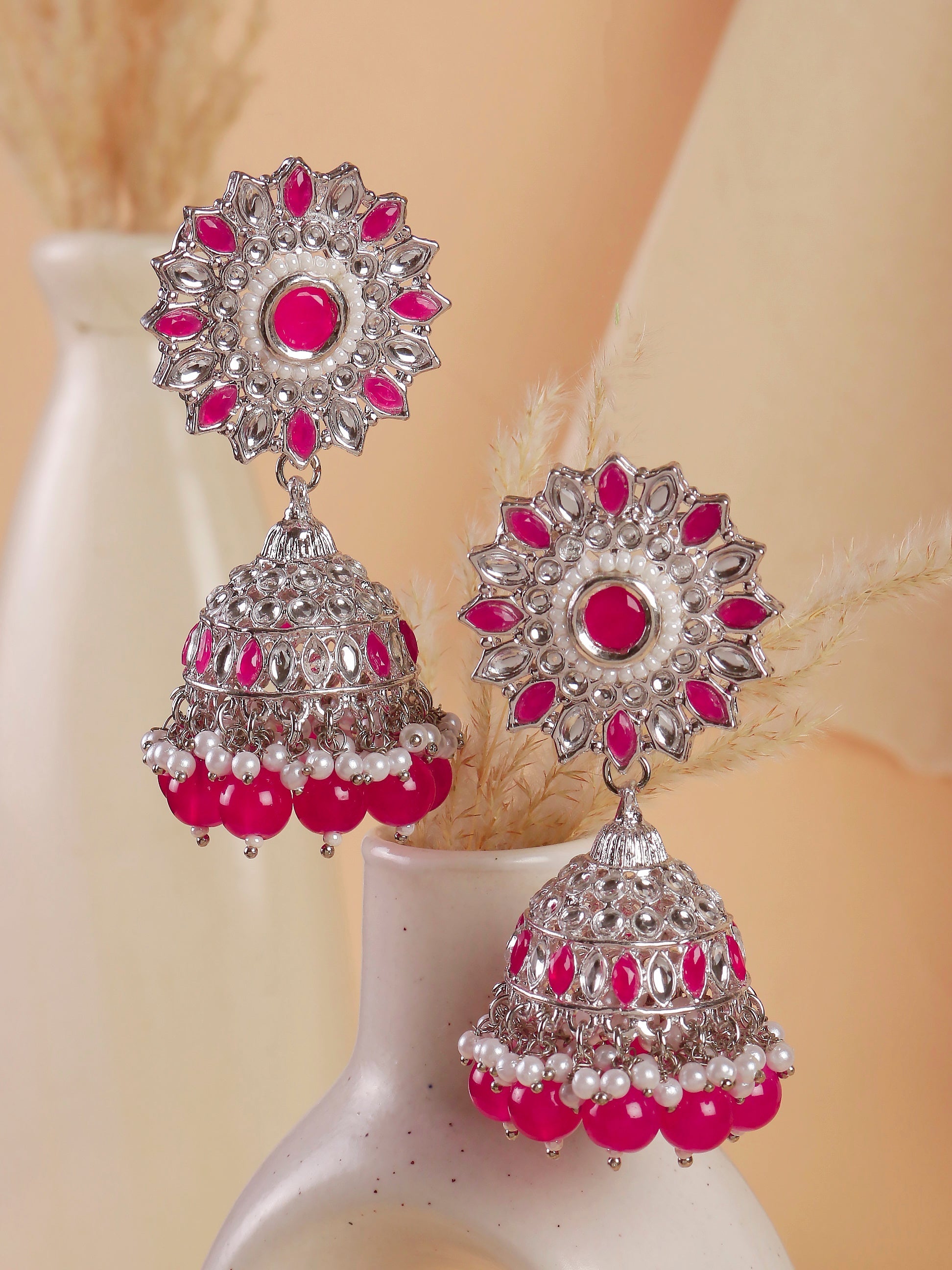 Swisni Alloy Silver Jhumki Earrings with Red Beads