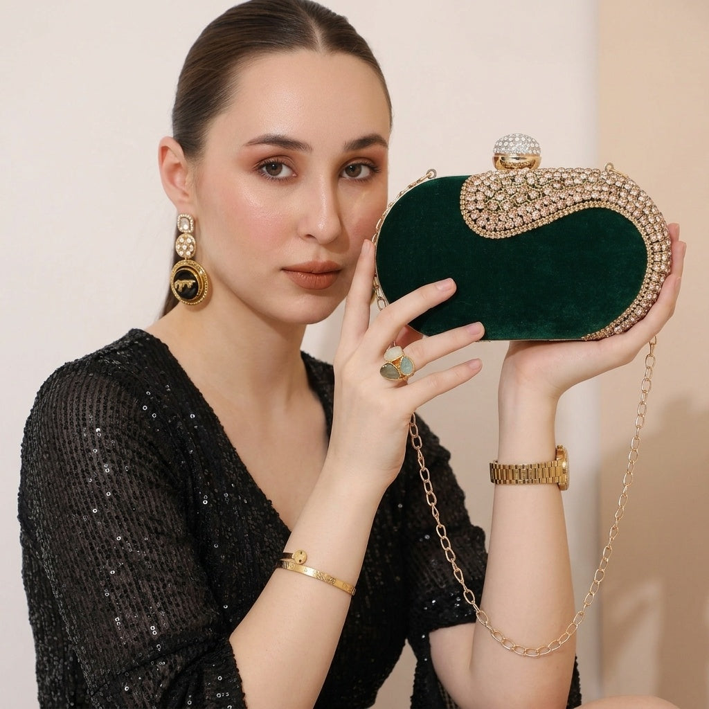 Atreyi Green — Velvet Embroidered Clutch