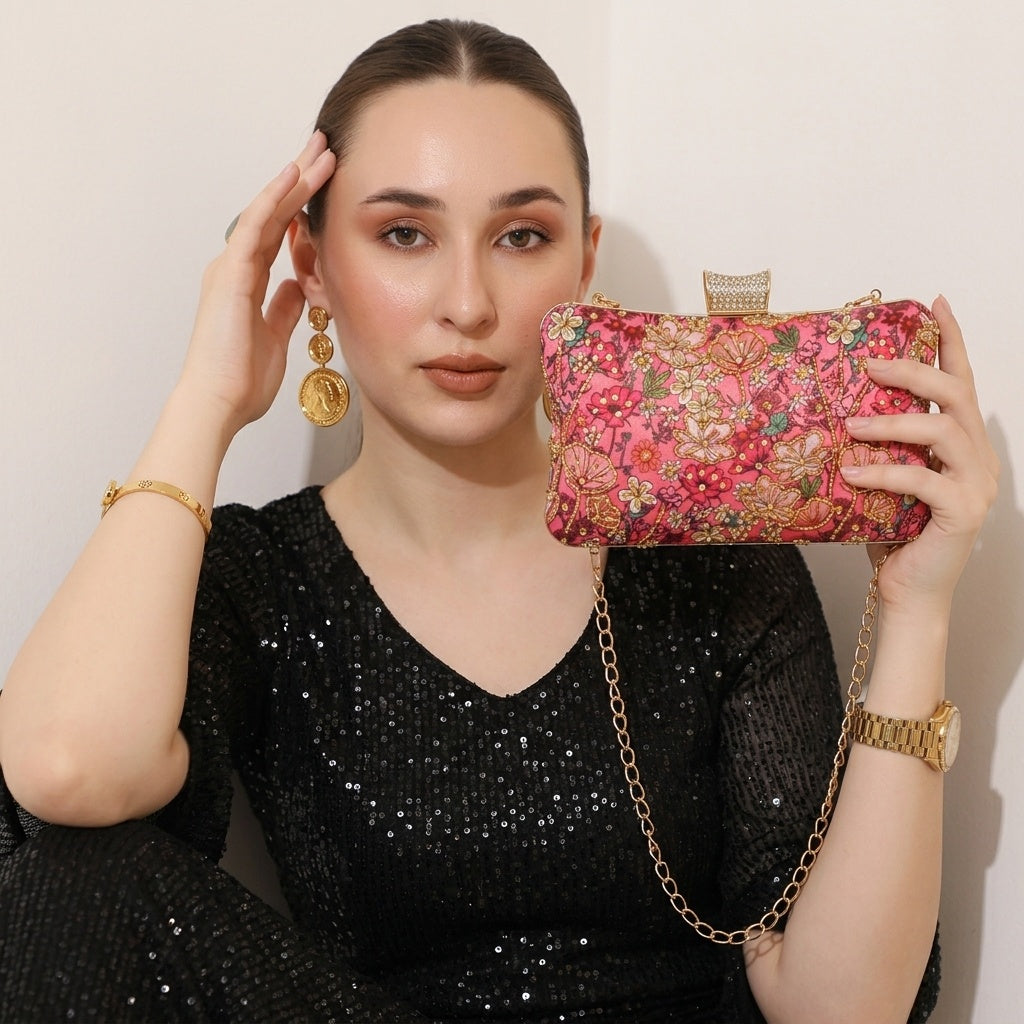 Sangita Classic — Satin Printed Embroidered Clutch