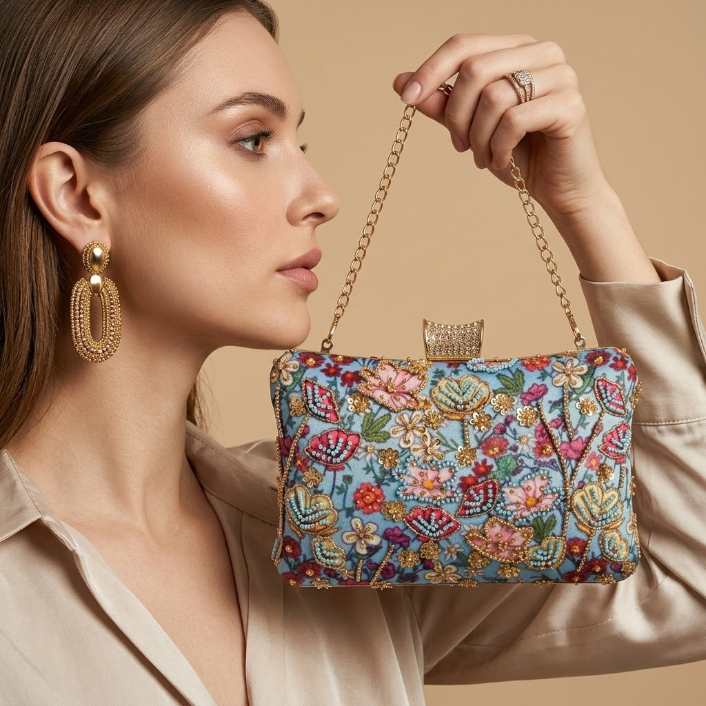 Anjali — Satin Printed Embroidered Clutch