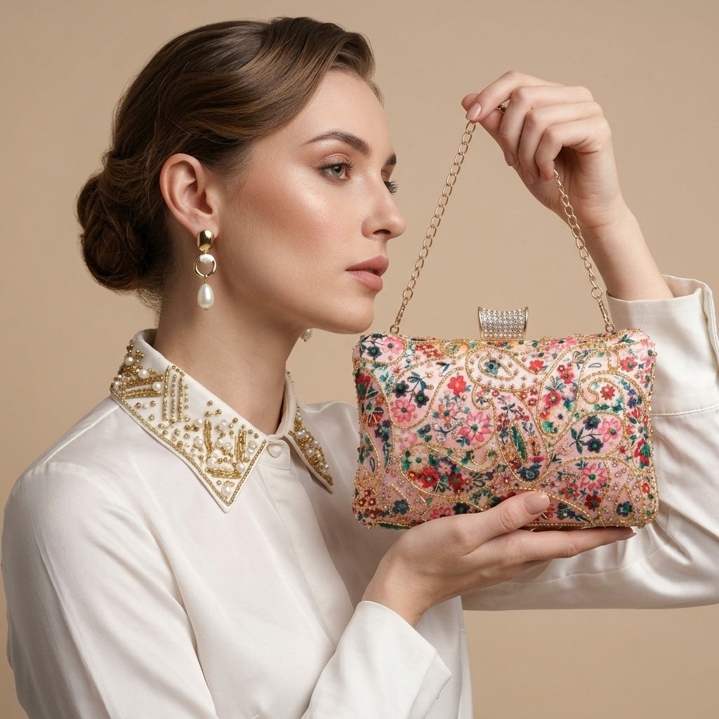 Agrima — Satin Printed Embroidered Clutch