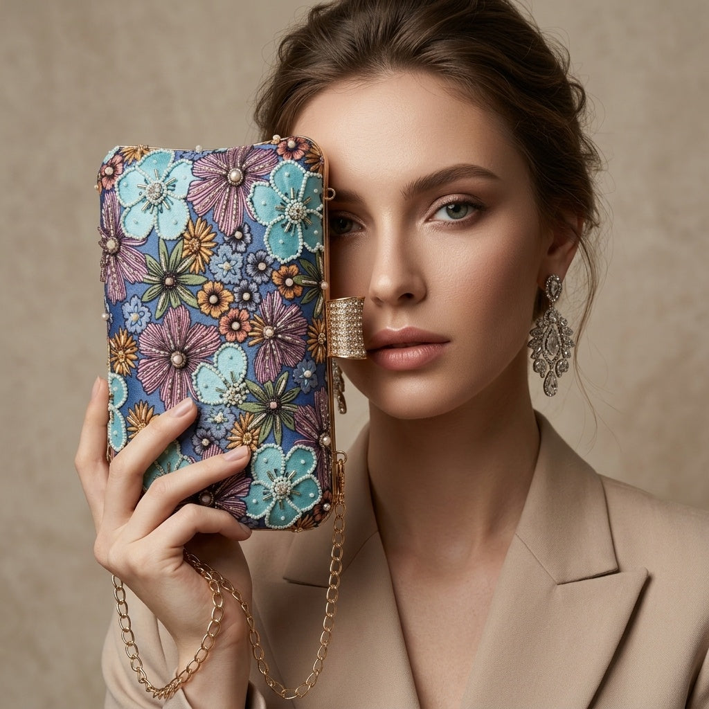 Urvashi Heritage — Satin Printed Embroidered Clutch