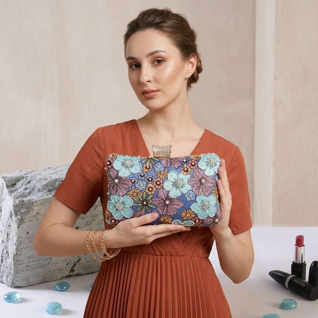 Urvashi Heritage — Satin Printed Embroidered Clutch
