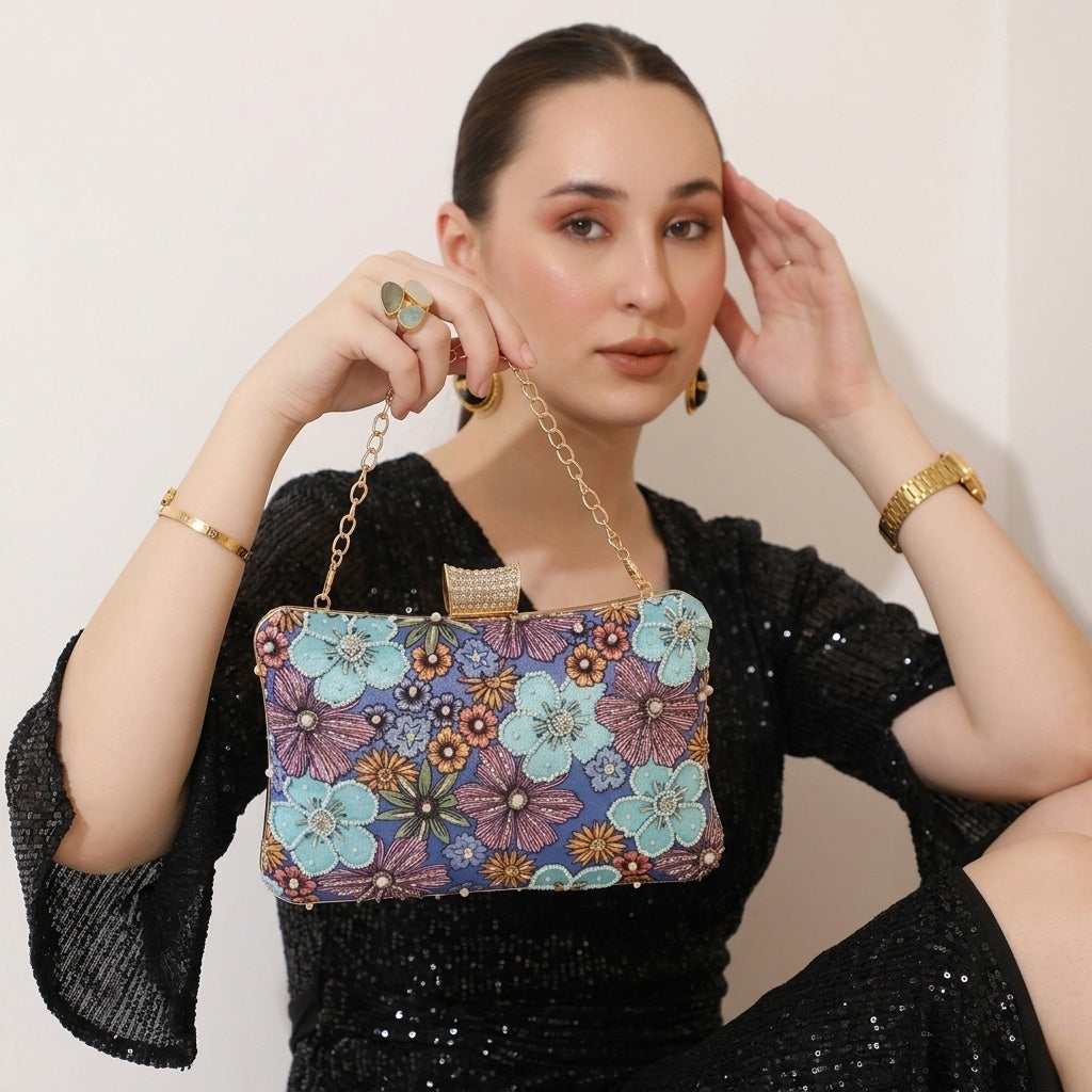 Urvashi Heritage — Satin Printed Embroidered Clutch