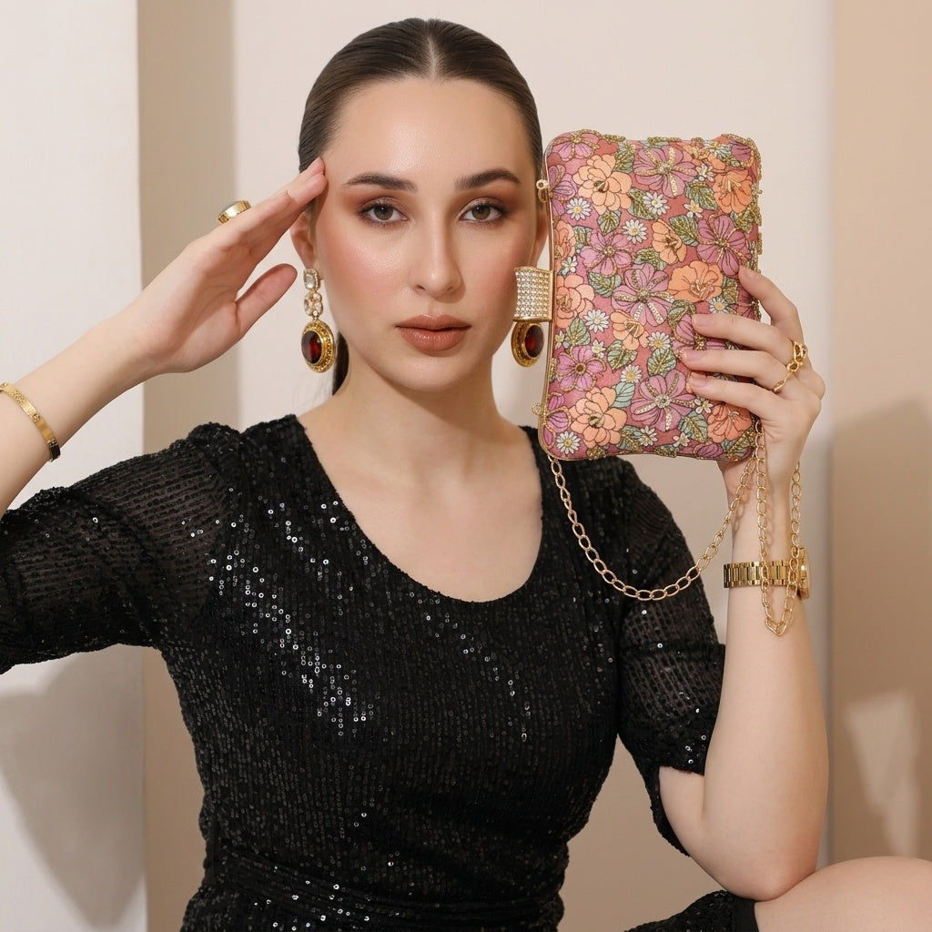 Nayana — Satin Printed Embroidered Clutch