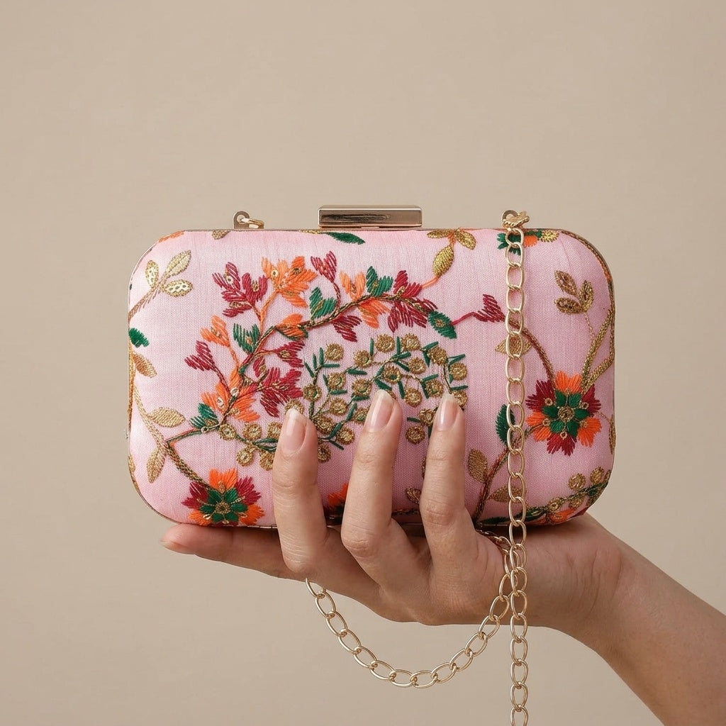 Kamini Pink — Embroidered Fabric Classic Clutch - Front View | SWIS-1009