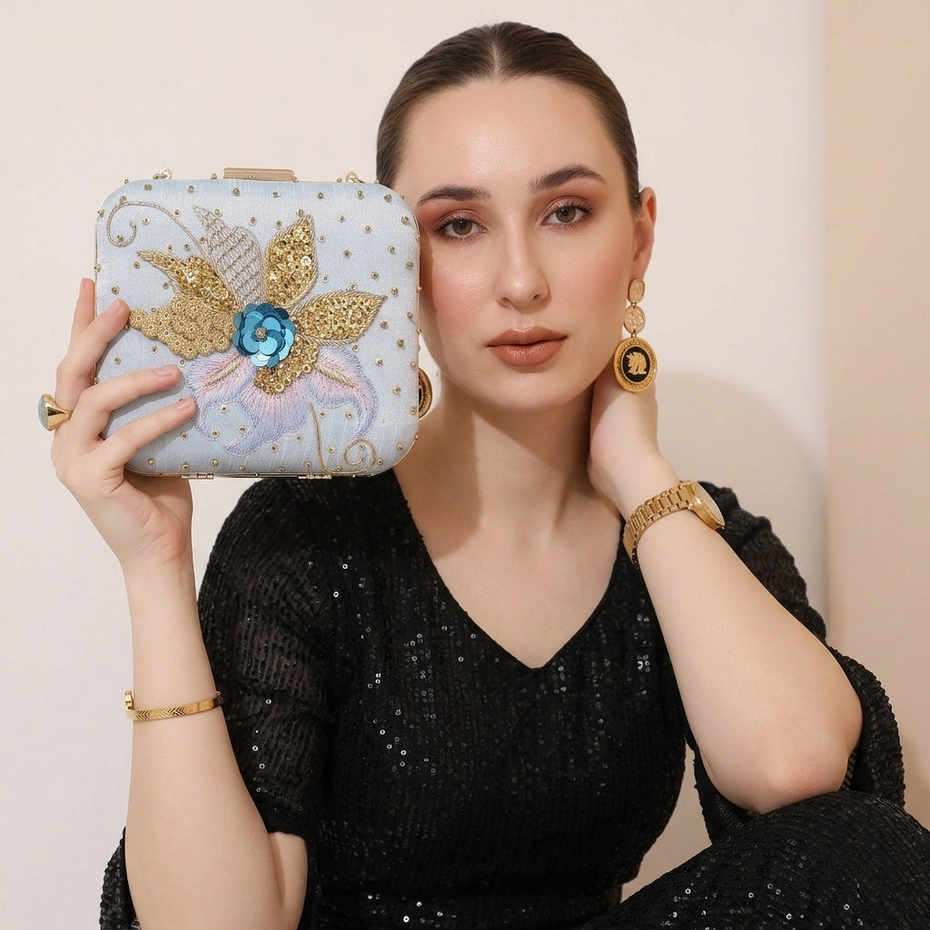 Adeeba Blue — Raw Silk Embroidered Clutch