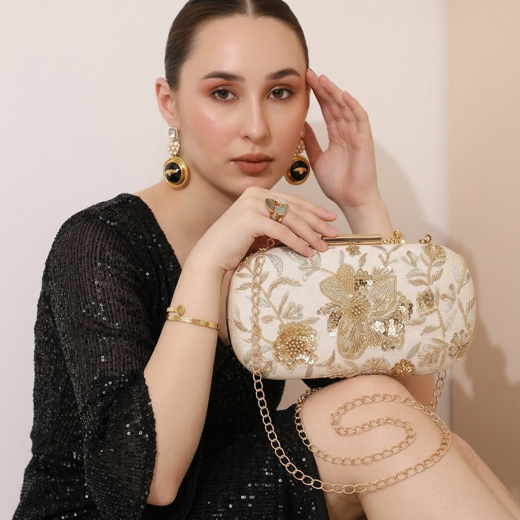Sitara White — Raw Silk Embroidered Clutch