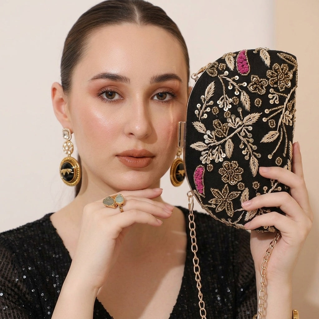 Arzoo Black — Raw Silk Embroidered Clutch