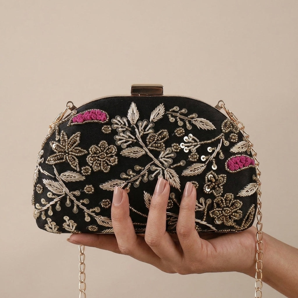Arzoo Black — Raw Silk Embroidered Clutch - Front View | SWIS-1019