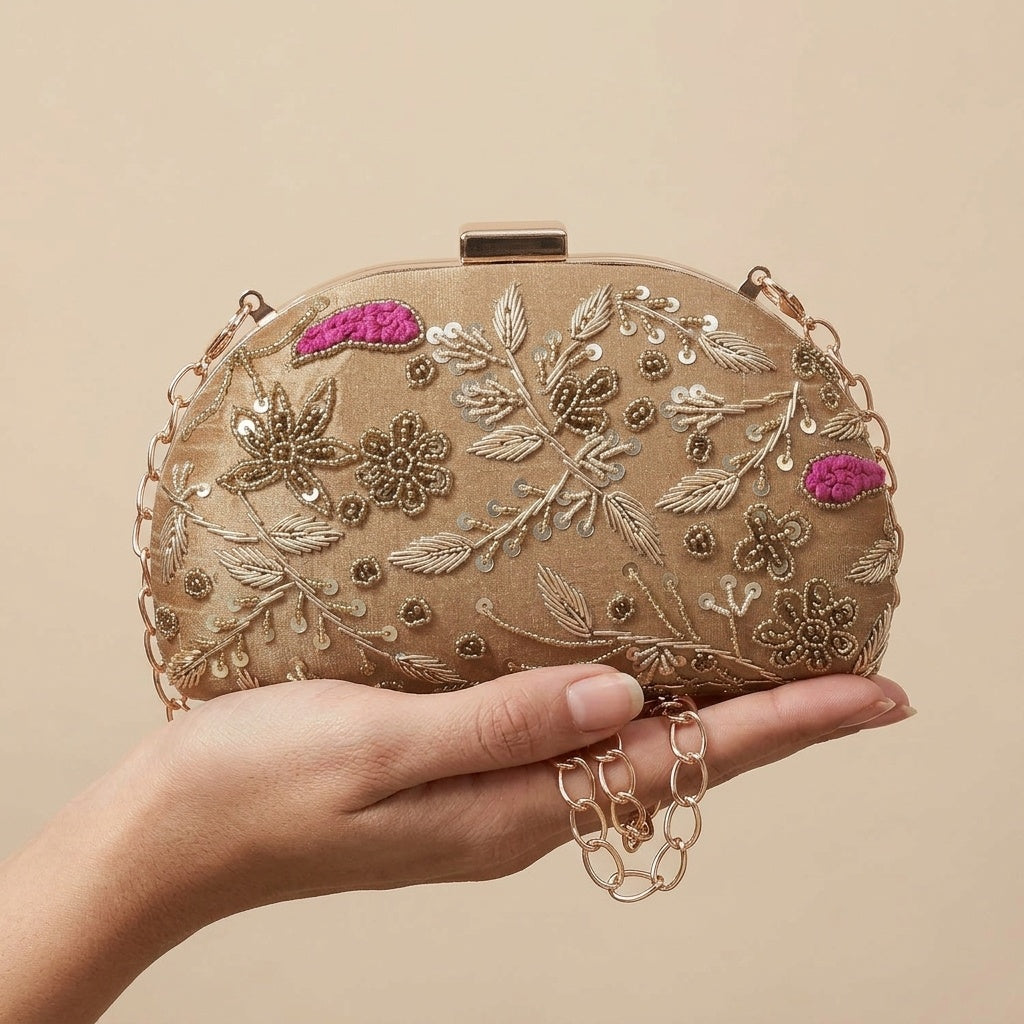 Qudsia Golden — Raw Silk Embroidered Clutch - Front View | SWIS-1020