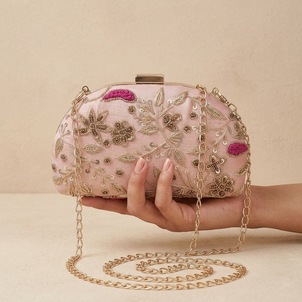 Gulrukh Baby Pink — Raw Silk Embroidered Clutch - Front View | SWIS-1022