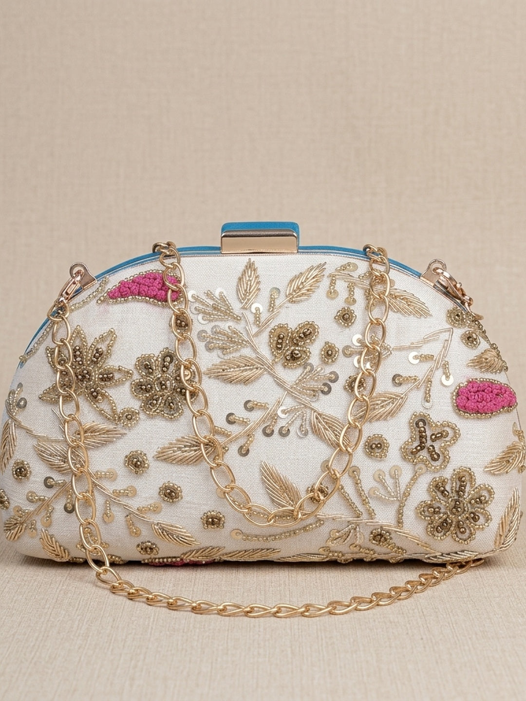 Tara White — Raw Silk Embroidered Clutch - Front View | SWIS-1024