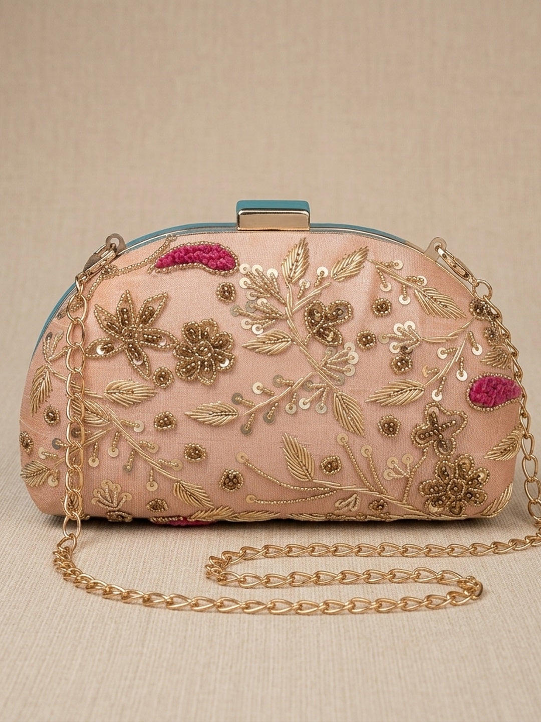 Samira Pink — Raw Silk Embroidered Clutch - Front View | SWIS-1025