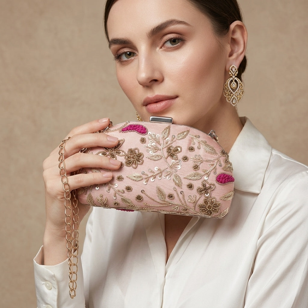 Samira Pink — Raw Silk Embroidered Clutch