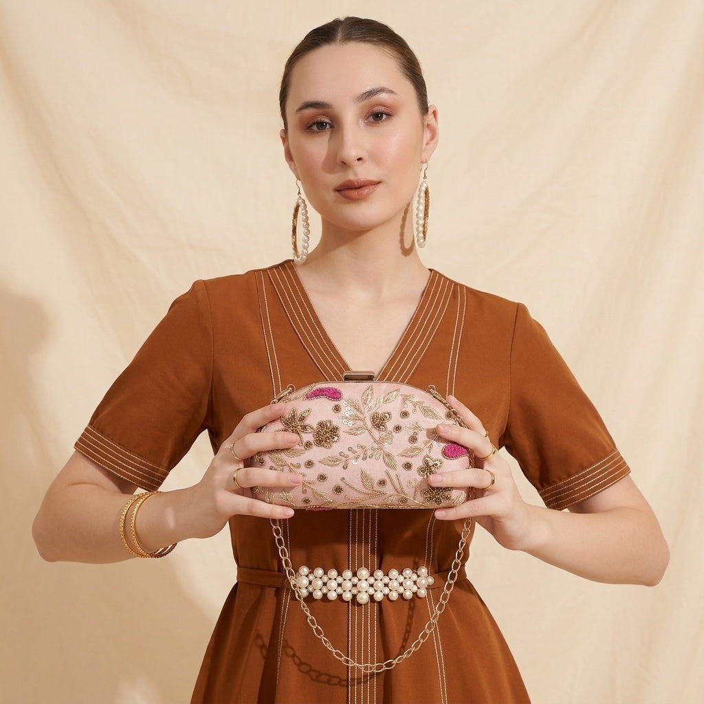 Samira Pink — Raw Silk Embroidered Clutch