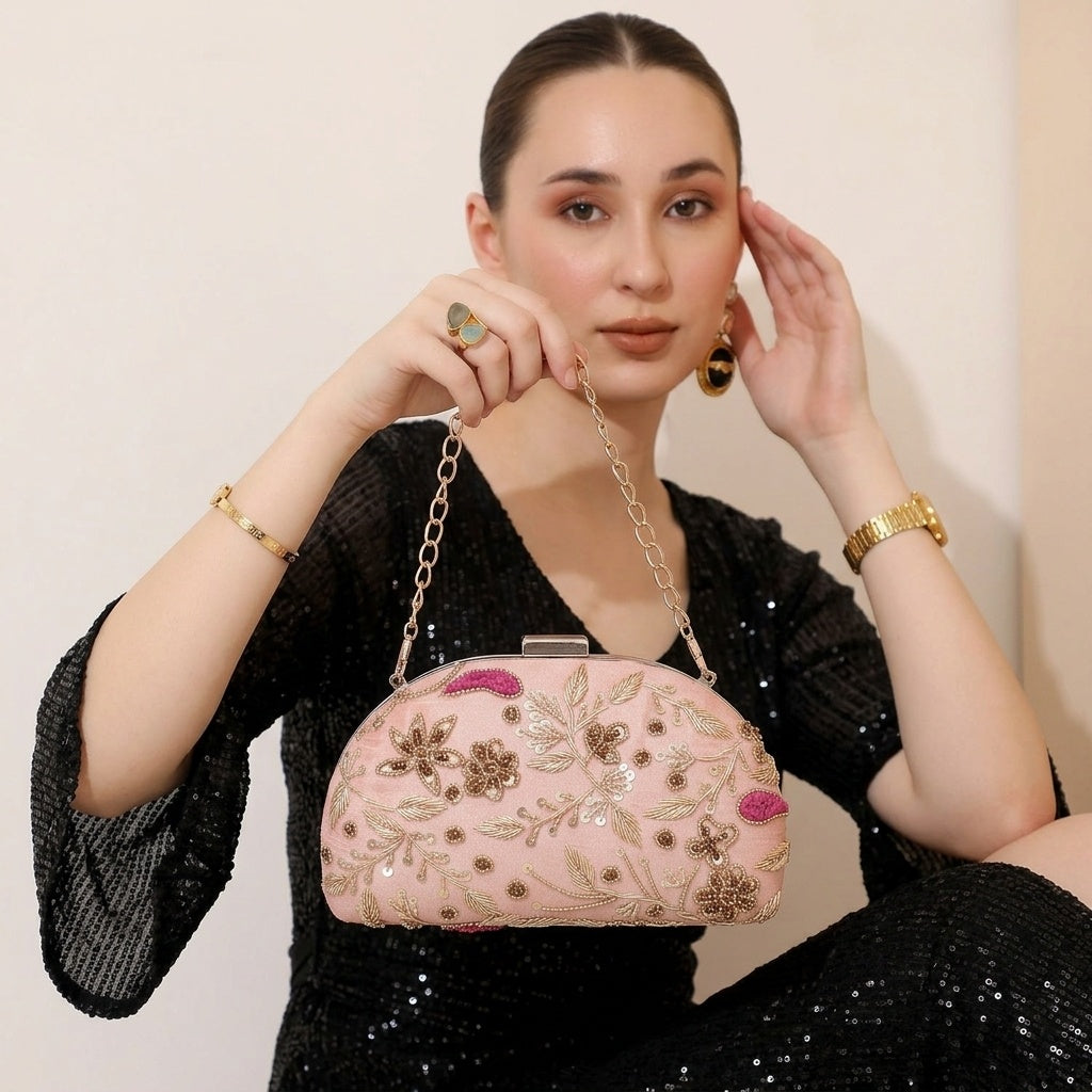 Samira Pink — Raw Silk Embroidered Clutch