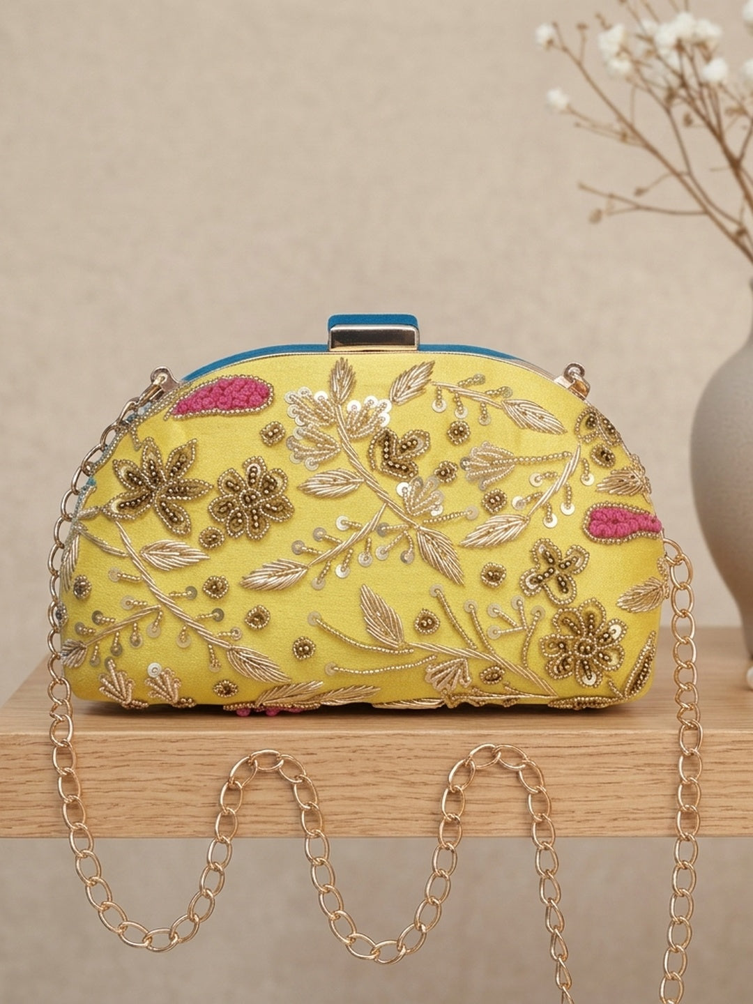 Aitana Yellow — Raw Silk Embroidered Clutch - Front View | SWIS-1026