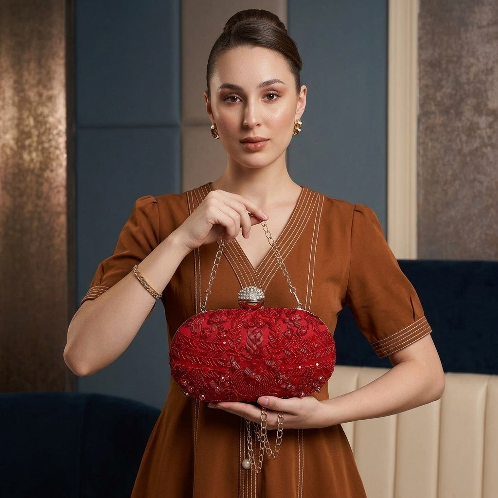 Advika Red — Raw Silk Embroidered Clutch