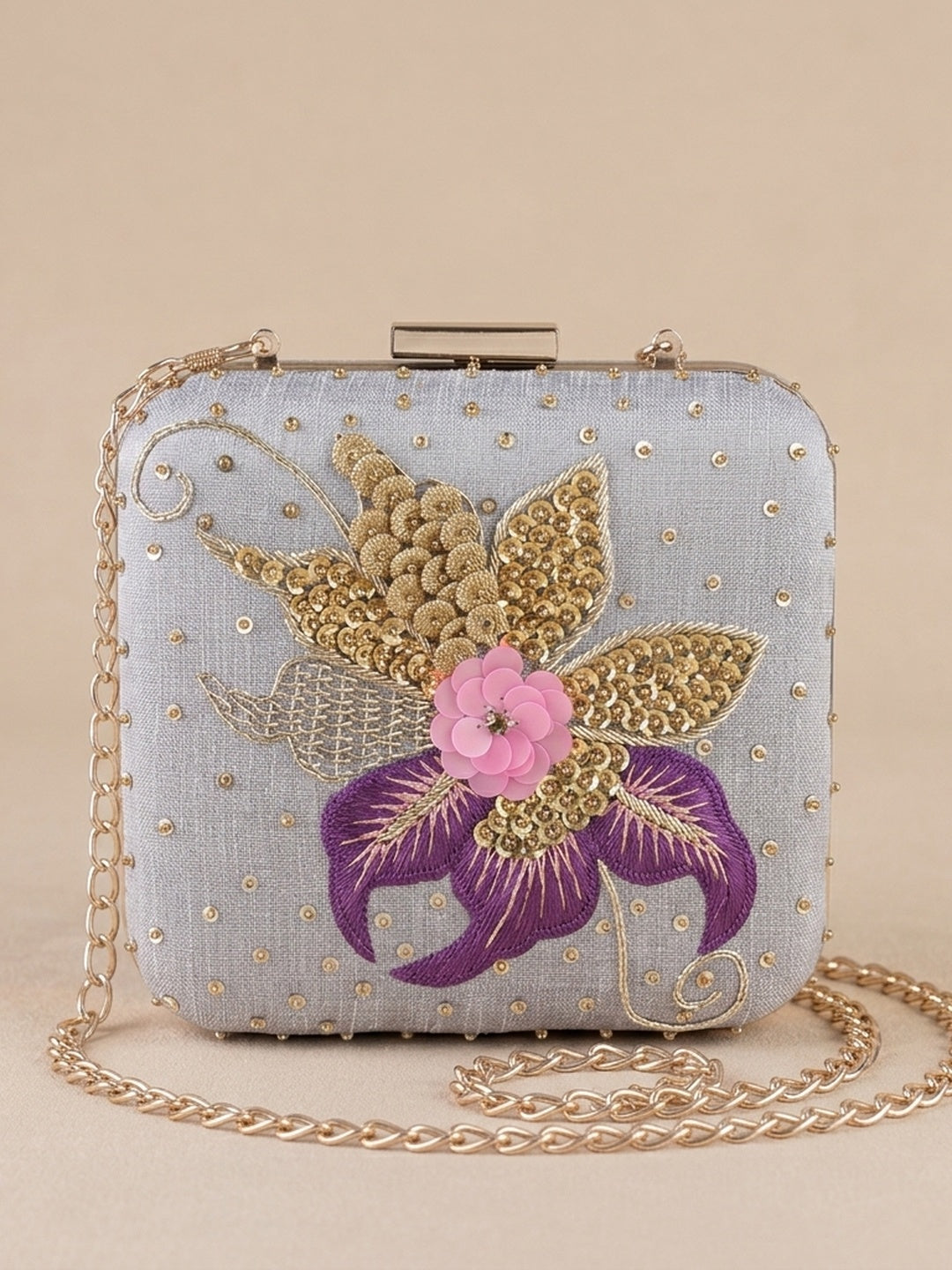 Sanjana Lavender — Raw Silk Embroidered Clutch - Front View | SWIS-1028