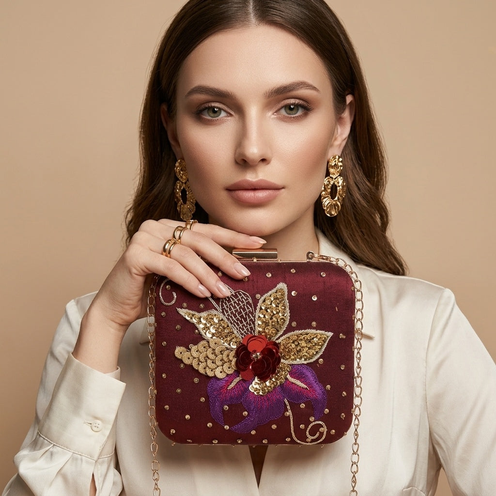 Aryahi Maroon — Raw Silk Embroidered Clutch