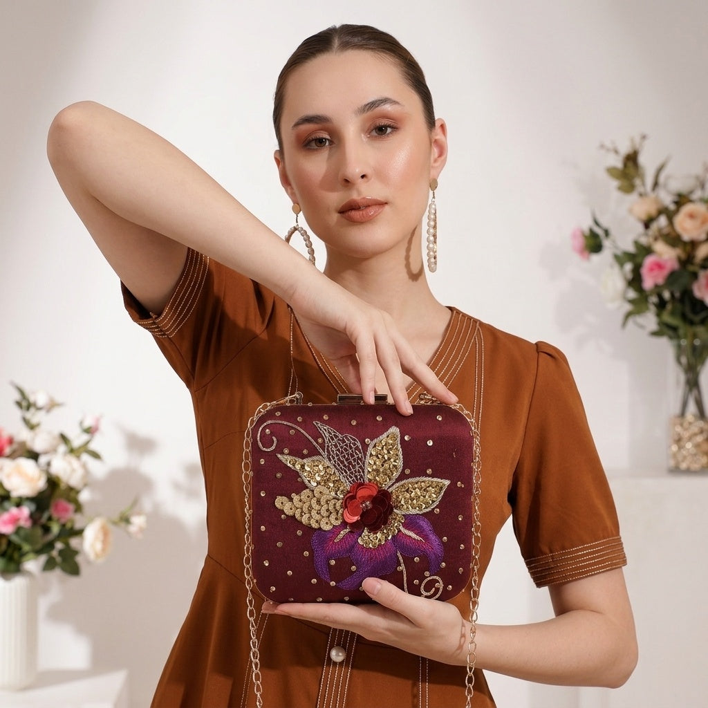 Aryahi Maroon — Raw Silk Embroidered Clutch