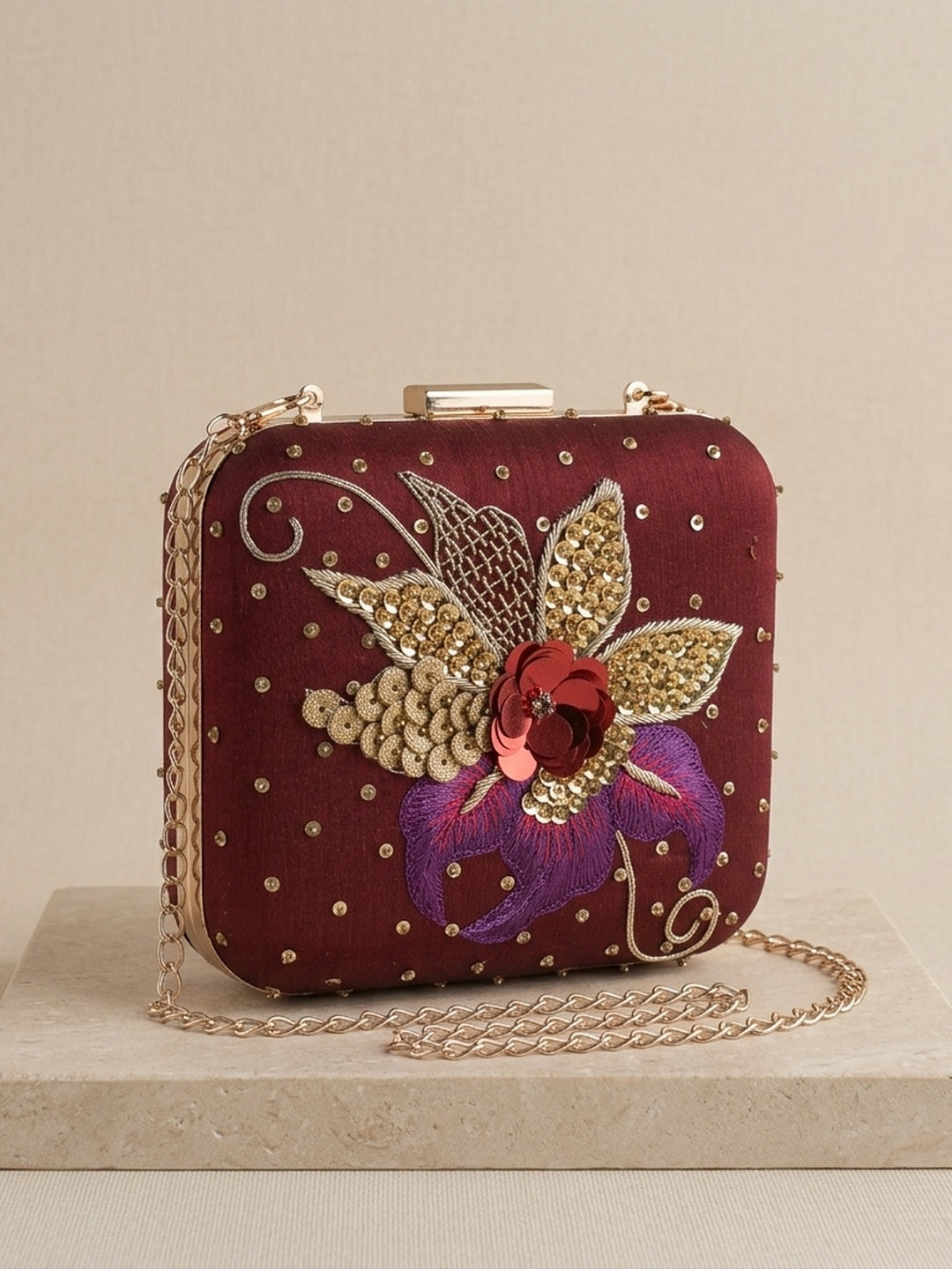 Aryahi Maroon — Raw Silk Embroidered Clutch - Front View | SWIS-1029