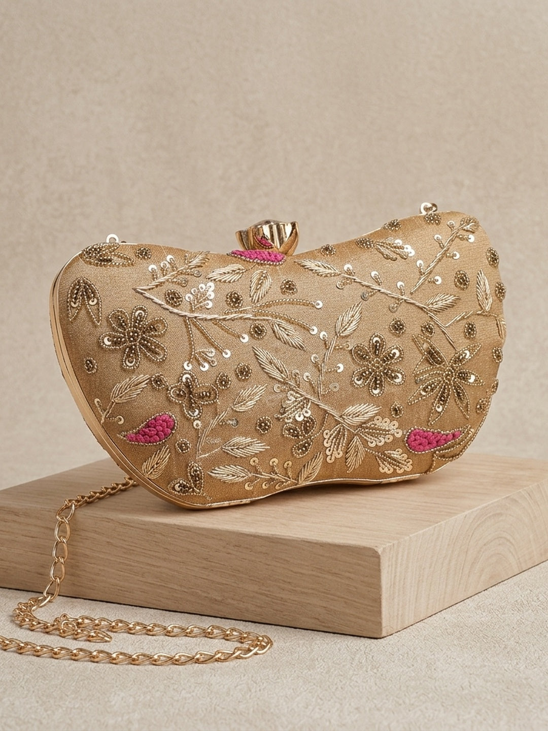 Safeena Golden Classic — Raw Silk Embroidered Clutch - Front View | SWIS-1030