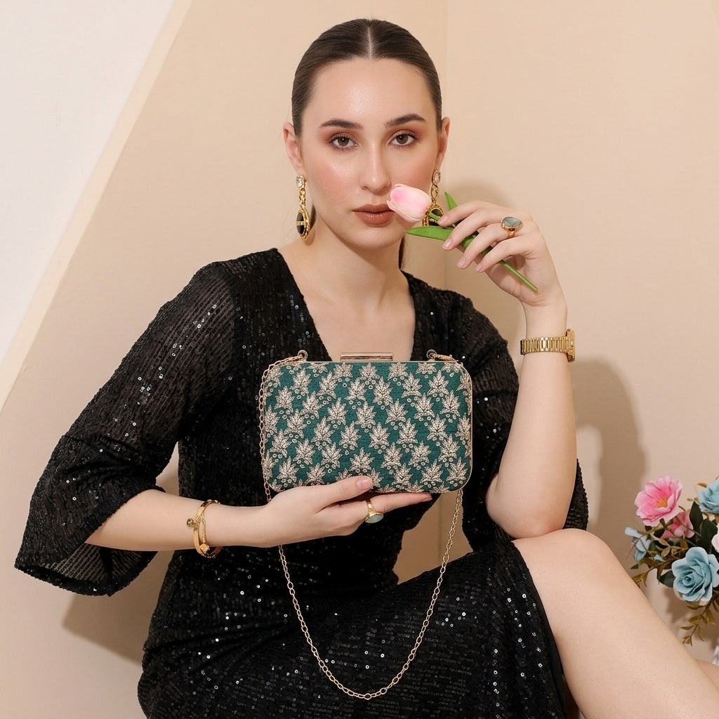 Jiya Green — Raw Silk Embroidered Clutch