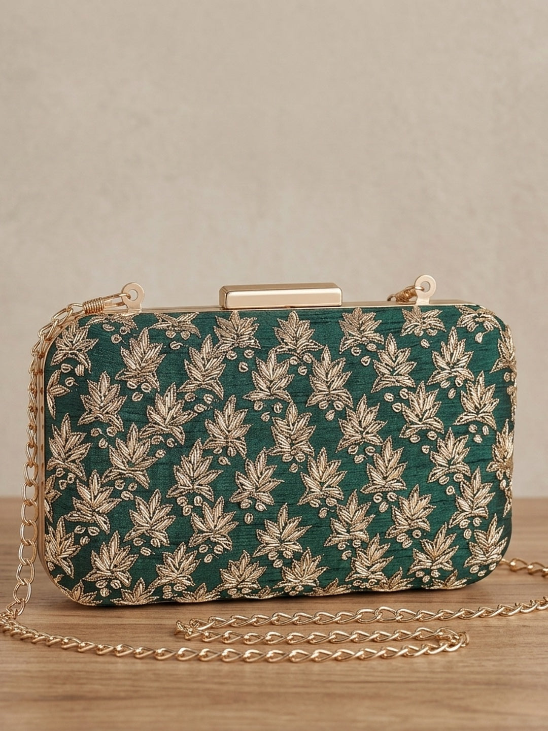 Jiya Green — Raw Silk Embroidered Clutch - Front View | SWIS-1031