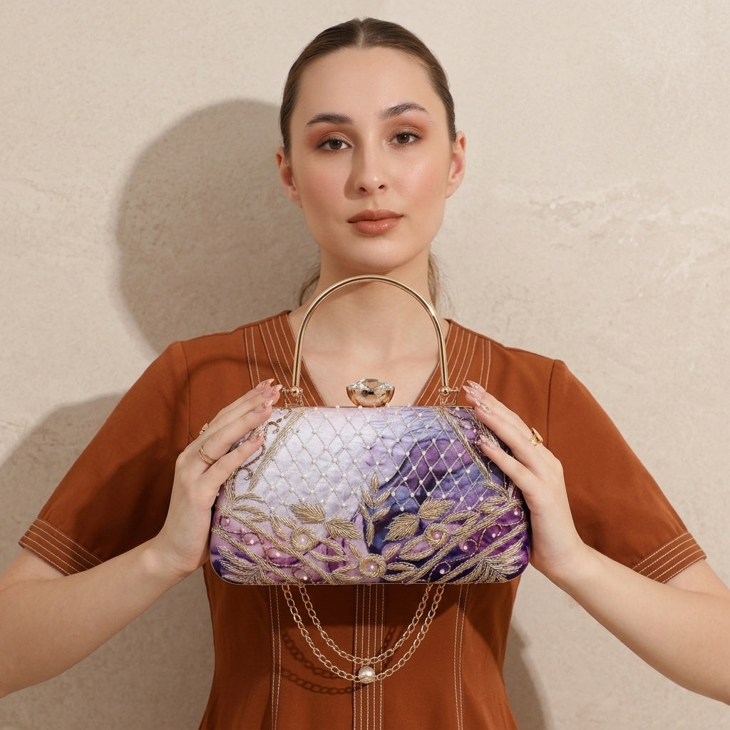 Inaya Heritage — Satin Printed Embroidered Clutch