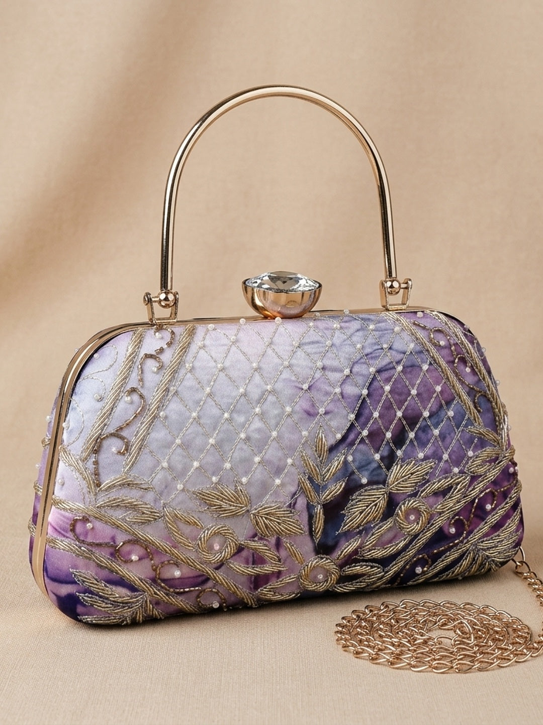 Inaya Heritage — Satin Printed Embroidered Clutch - Front View | SWIS-1032