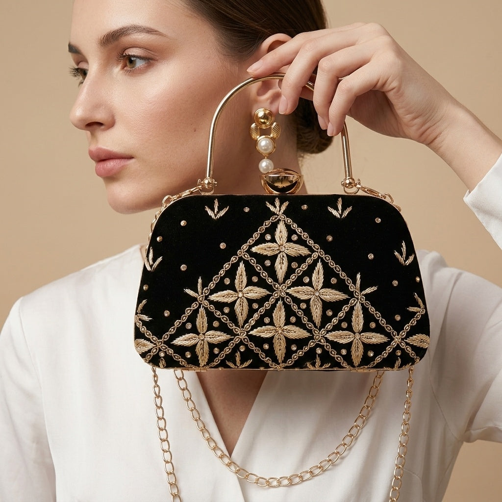 Vidya Black Classic — Velvet Embroidered Clutch - Front View | SWIS-1033