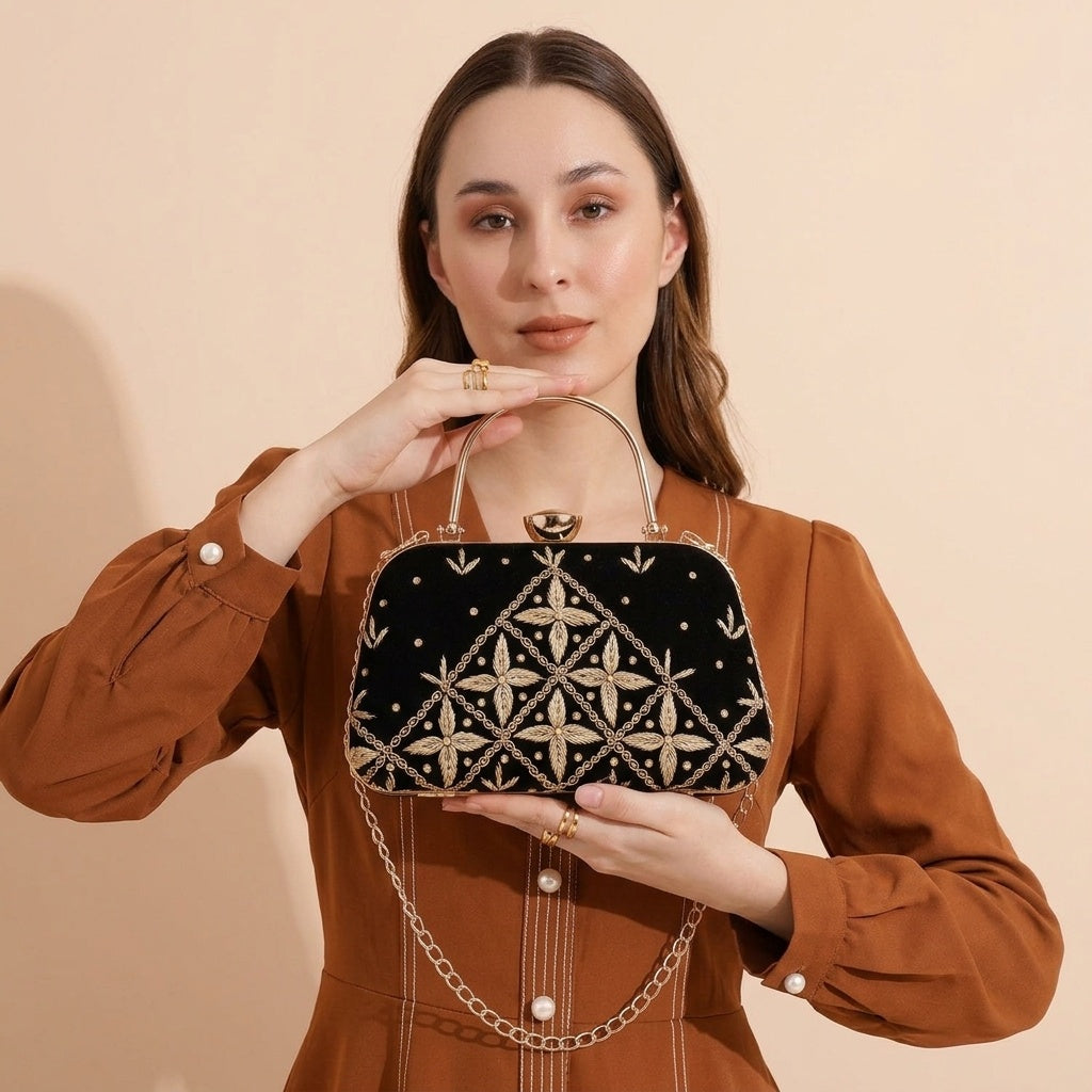 Vidya Black Classic — Velvet Embroidered Clutch